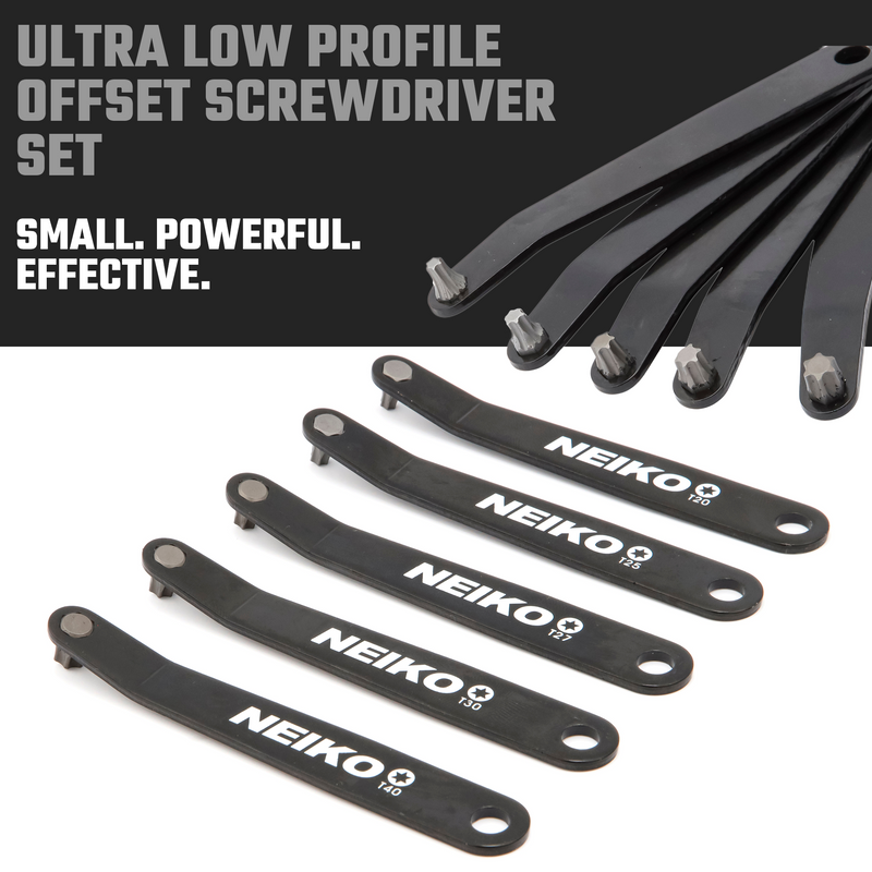 NEIKO 01325A Ultra Low Profile Offset Screwdriver Torx Set, 5 Pc, Heavy Duty S2 Steel Construction, 10mm Bit Depth, Angled Hex Bit, Bent Screwdriver for Tight Spaces, Allen Wrench Keychain