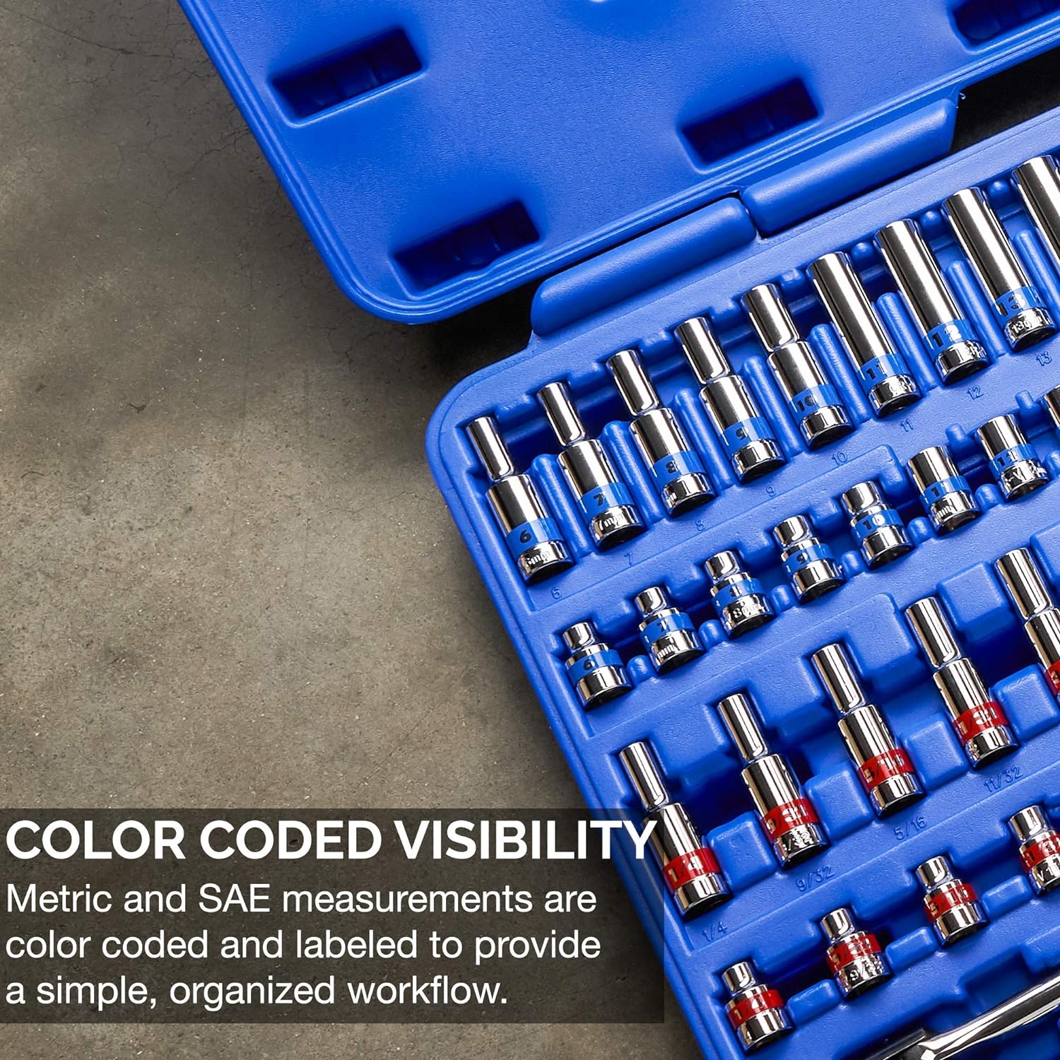 3/8" Drive Color-Coded Mechanics Socket Set — Metric & SAE, Deep & Shallow, CrV (76-Piece)