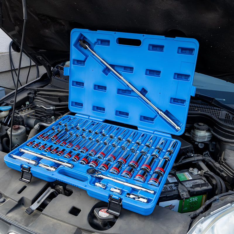 Neiko 02479A 1/2 Inch-Drive Colored Mechanics Tool Ratchet, Socket Set, 68 Piece Standard and Deep SAE Sizes 3/8" to 1-1/4" Metric Sizes 10 mm to 24 mm Made with CrV Steel for Auto Repair