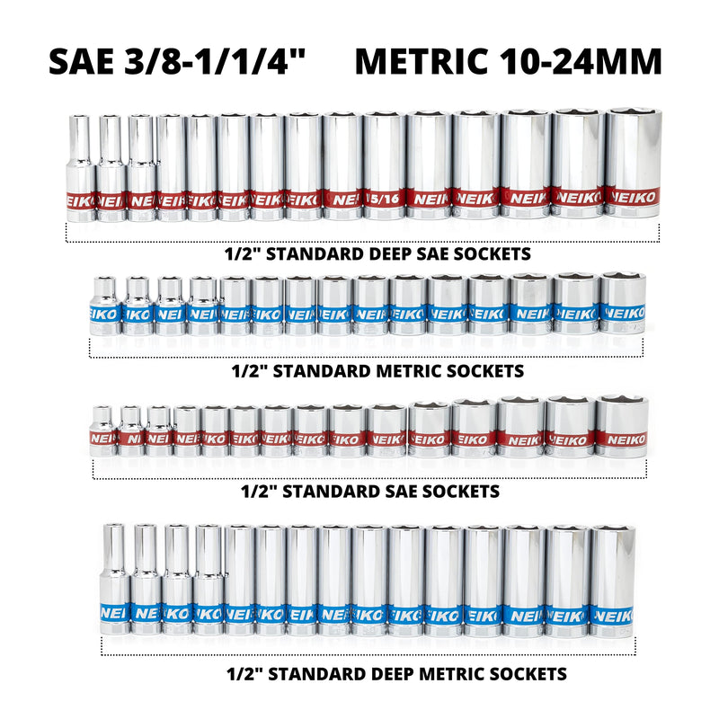 Neiko 02479A 1/2 Inch-Drive Colored Mechanics Tool Ratchet, Socket Set, 68 Piece Standard and Deep SAE Sizes 3/8" to 1-1/4" Metric Sizes 10 mm to 24 mm Made with CrV Steel for Auto Repair