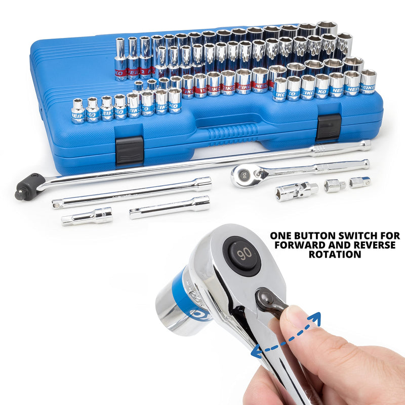 Neiko 02479A 1/2 Inch-Drive Colored Mechanics Tool Ratchet, Socket Set, 68 Piece Standard and Deep SAE Sizes 3/8" to 1-1/4" Metric Sizes 10 mm to 24 mm Made with CrV Steel for Auto Repair