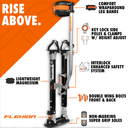 SurPro Single-Sided Drywall Stilts, Magnesium Base, 21” - 31” Height, QuadLock Contractor-Grade Stilts with Patented FLEXION Foot System (S1X-M-2131) for Drywallers, Painters, Stilts Drywall
