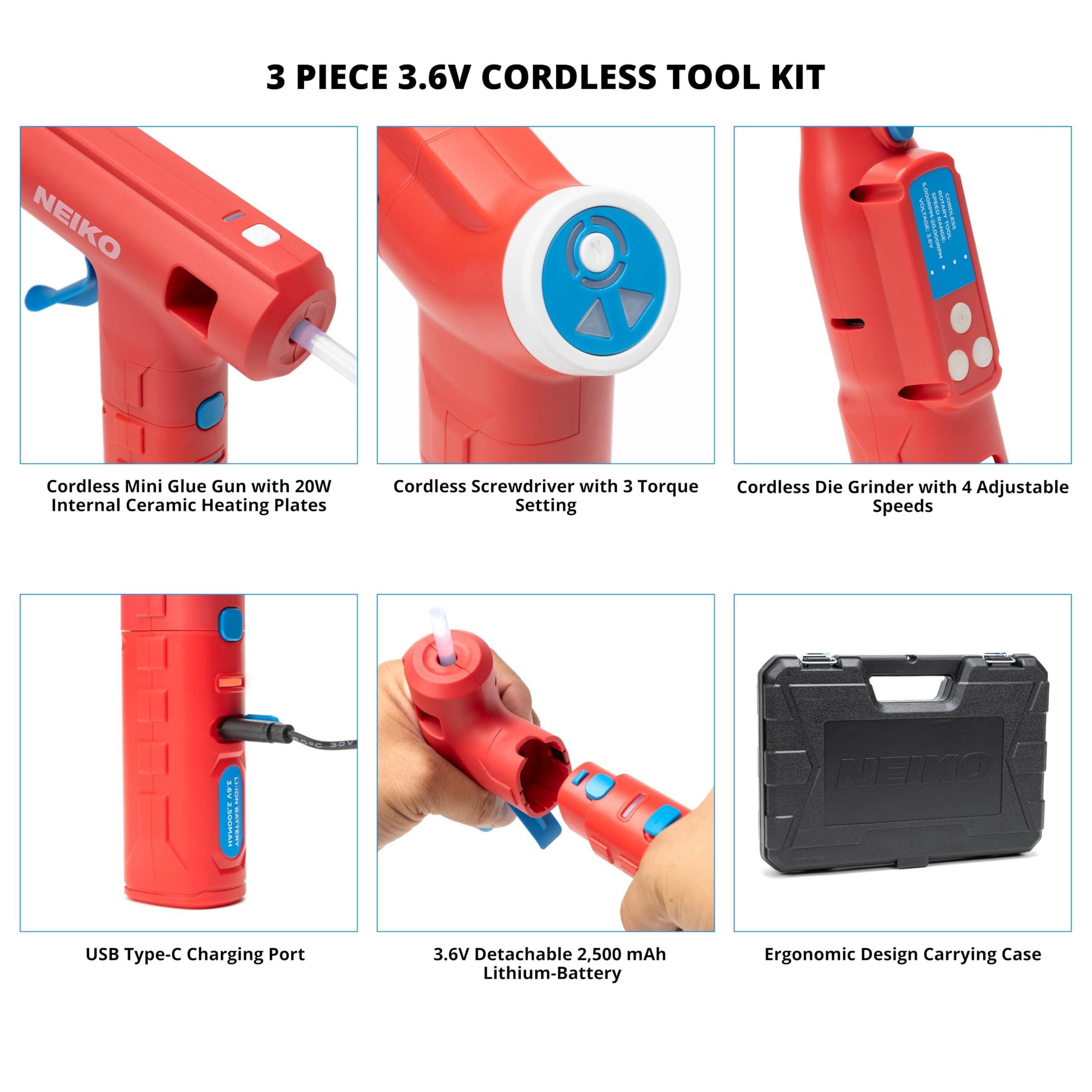 Cordless DIY Tool Combo Kit – 3.6V Rotary Tool, Glue Gun & Screwdriver (100-Piece)
