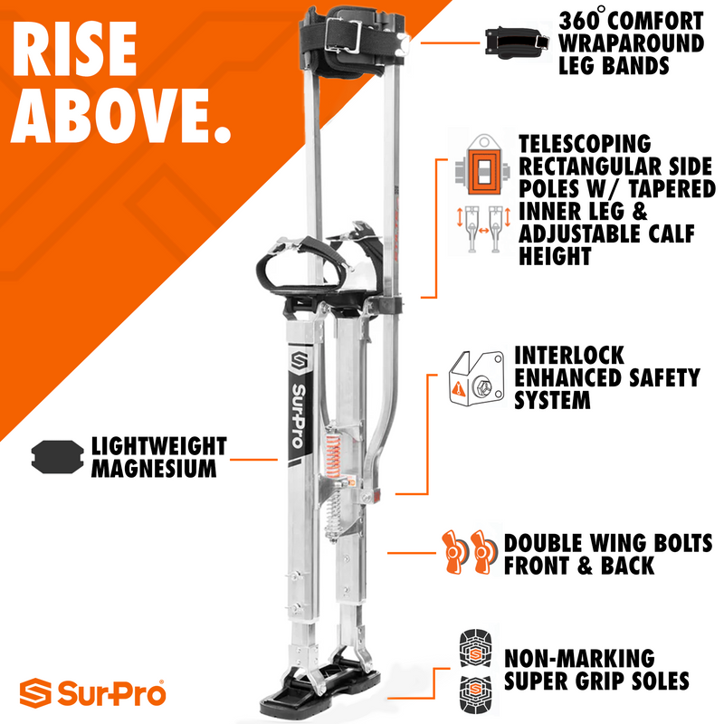 SurPro Double-Sided Drywall Stilts, Aluminum Base, 20” - 30” Height, QuadLock Contractor-Grade Stilts (S2-A-2030) for Drywallers, Painters, Ceiling Work, Stilts Drywall