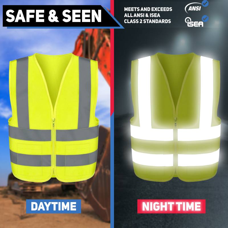 NEIKO 54082A Safety Vest, Size Small for Kids, 2 Pockets, High Visibility Vest, Reflective Strips, Neon Yellow Vest, Zipper Front, Reflective Vest For Men & Women, Work Vest, Security Vest & Hi Vis