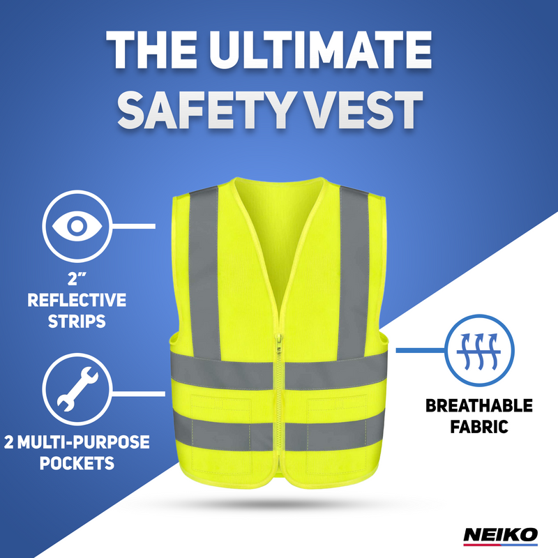 NEIKO 54085A Safety Vest, Size 5XL for Adults, 2 Pockets, High Visibility Vest, Reflective Strips, Neon Yellow Vest, Zipper Front, Reflective Vest For Men & Women, Work Vest, Security Vest & Hi Vis