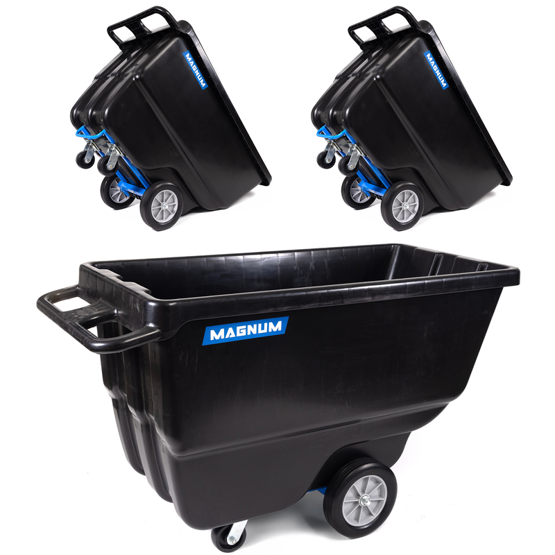 MAGNUM Tilt Truck, 1 Cu. Yd. Covered Capacity Dump Cart with Heavy Duty 12” Wheels & 5” Casters & Reinforcing Bottom Frame for Jobsites, 1000 lbs, Trash Cart with Wheels DUC100-R-03PK (3-Pack)