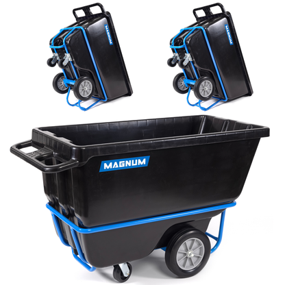 MAGNUM Tilt Truck, 1 Cu. Yd. Covered Capacity Dump Cart with Heavy Duty 12” Wheels & 5” Casters & Forklift-able Frame for Jobsites, 1250 lbs, Trash Cart with Wheels DUC100-F-03PK (3-Pack)
