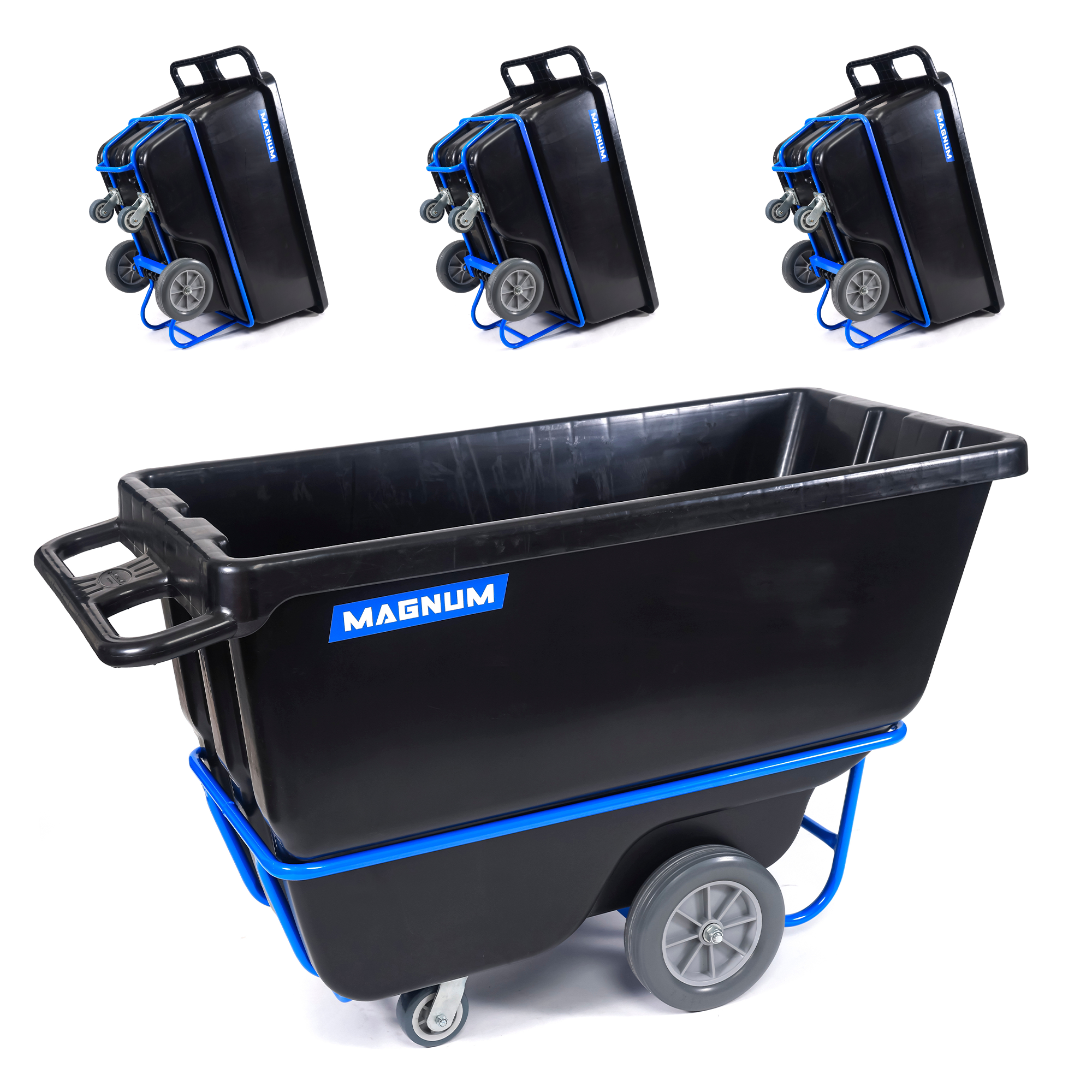 Tilt Truck, 1 Cu. Yd. Covered Capacity Dump Cart with Non-Marking 12” Wheels & 5” Casters & Forklift-able Frame, 1250 lbs (4-Pack)