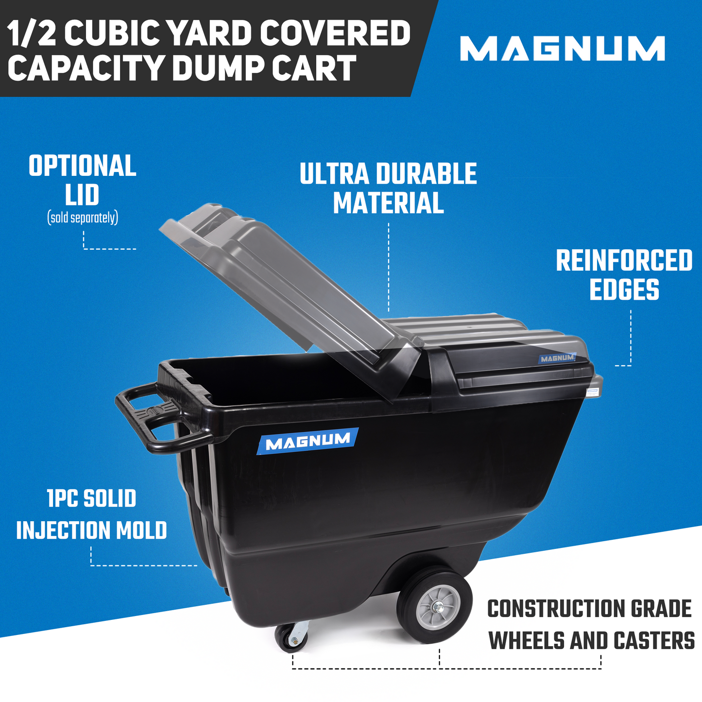 MAGNUM Tilt Truck, 1/2 Cu. Yd. Capacity Dump Cart with Heavy Duty 12” Wheels & 5” Casters for Handling, Transporting on Construction Jobsites, 750 lbs, Trash Cart with Wheels DUC12A-02PK (2-Pack)