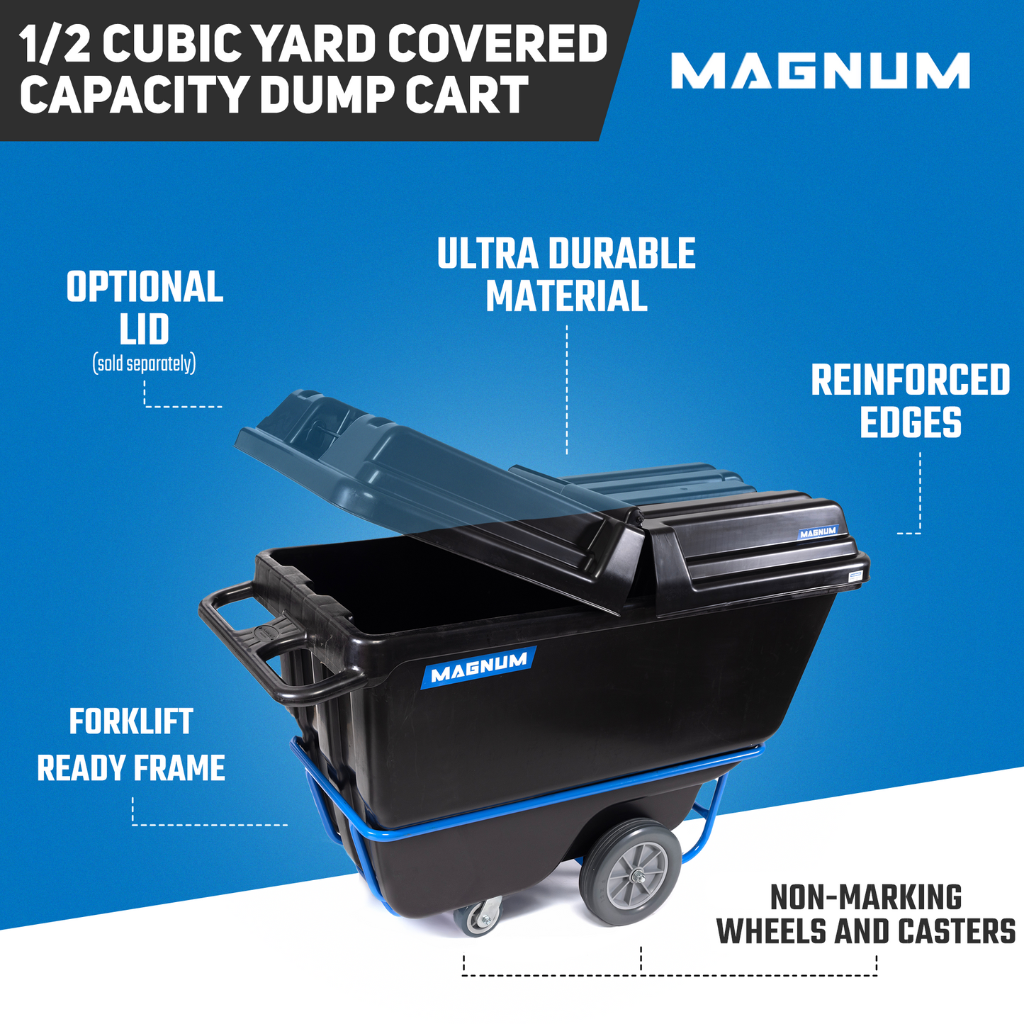 MAGNUM Tilt Truck, 1/2 Cu. Yd. Capacity Dump Cart with Non-Marking 12” Wheels & 5” Casters & Forklift-able Frame for Jobsites, 850 lbs, Trash Cart with Wheels DUC12T-F-NM-03PK (3-Pack)