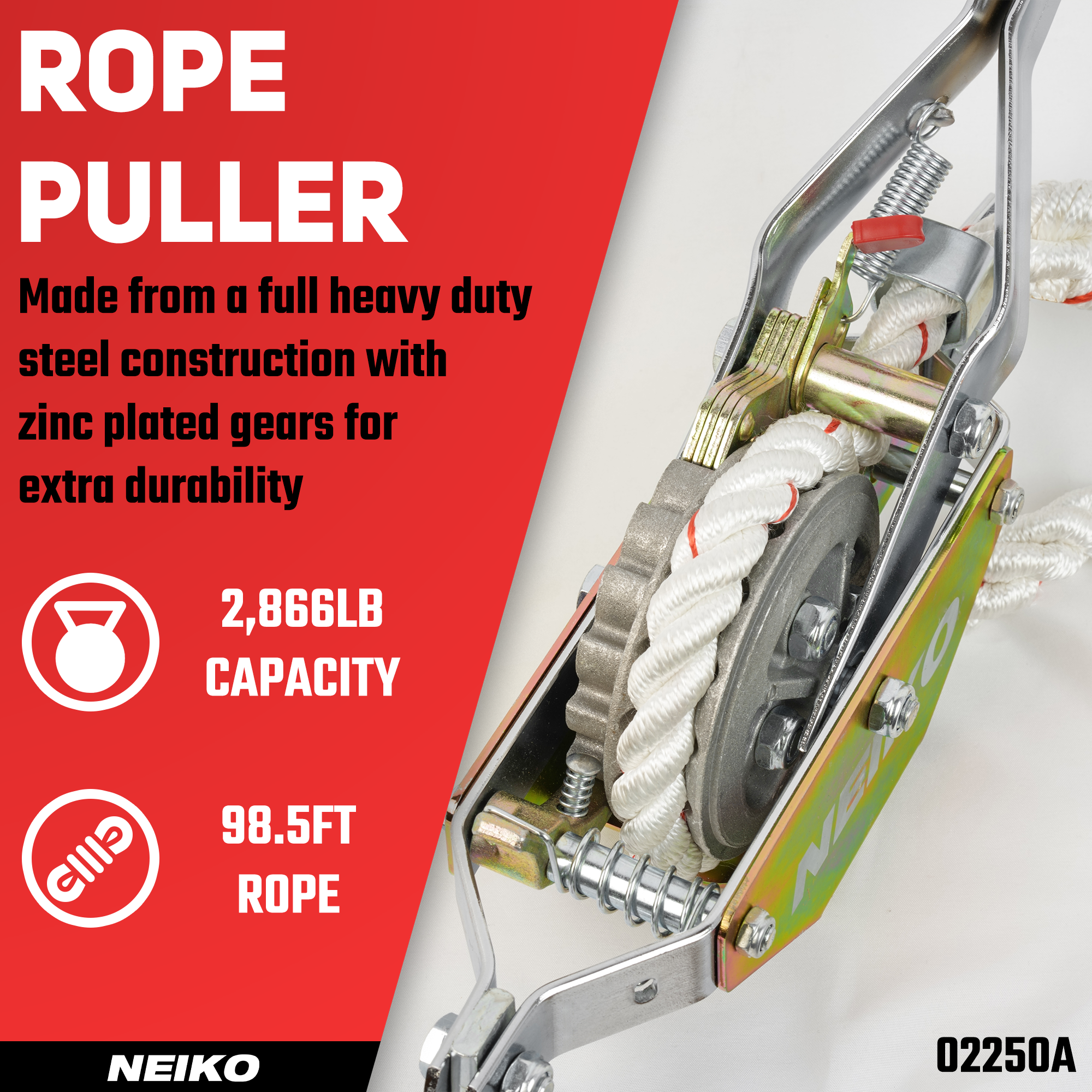 Rope Puller Come-Along – 3/4-Ton (1,500 lb), 98 ft Heavy-Duty Cable