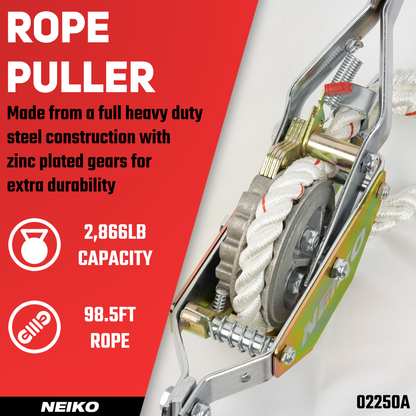 Rope Puller Come-Along – 3/4-Ton (1,500 lb), 98 ft Heavy-Duty Cable