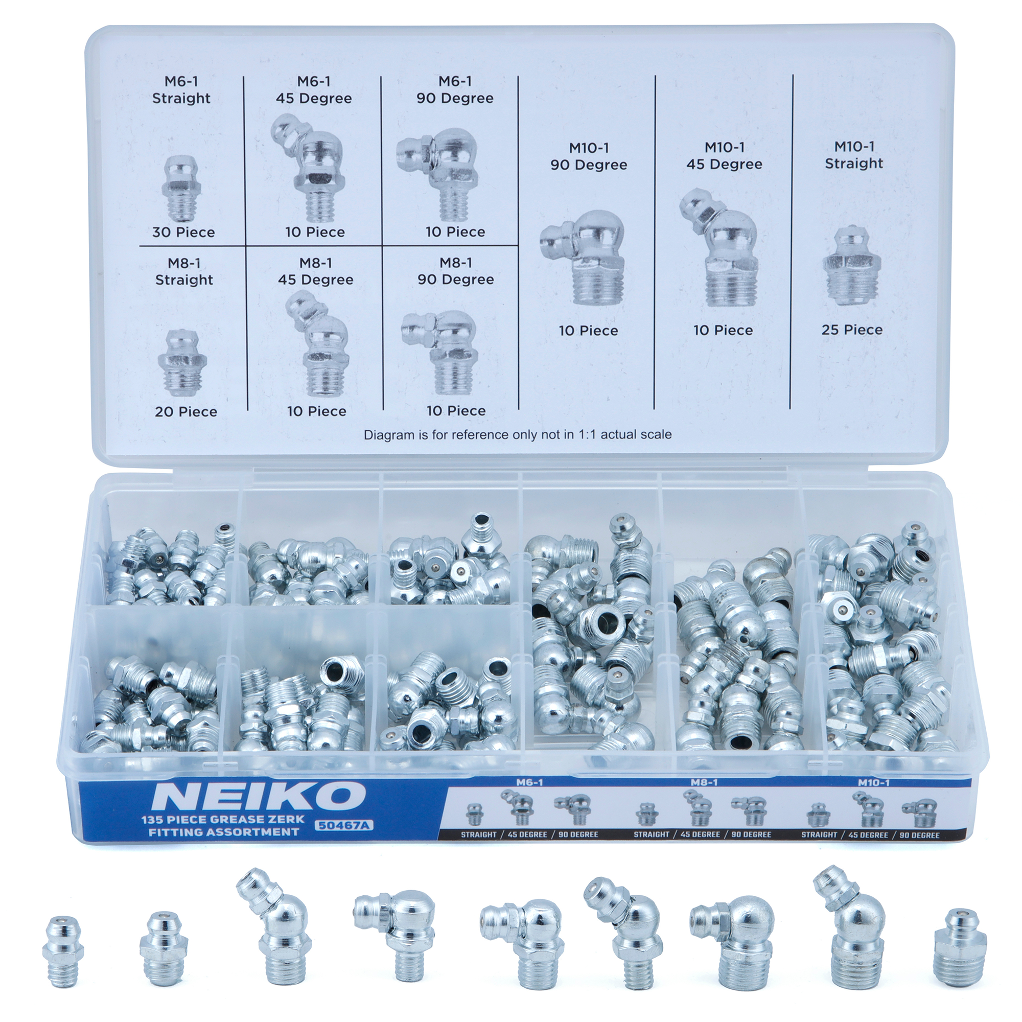 Metric Grease Fitting Assortment – M6, M8 & M10 Zerk Fittings (135-Piece)