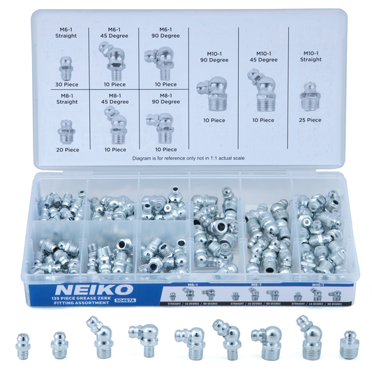 Metric Grease Fitting Assortment – M6, M8 & M10 Zerk Fittings (135-Piece)