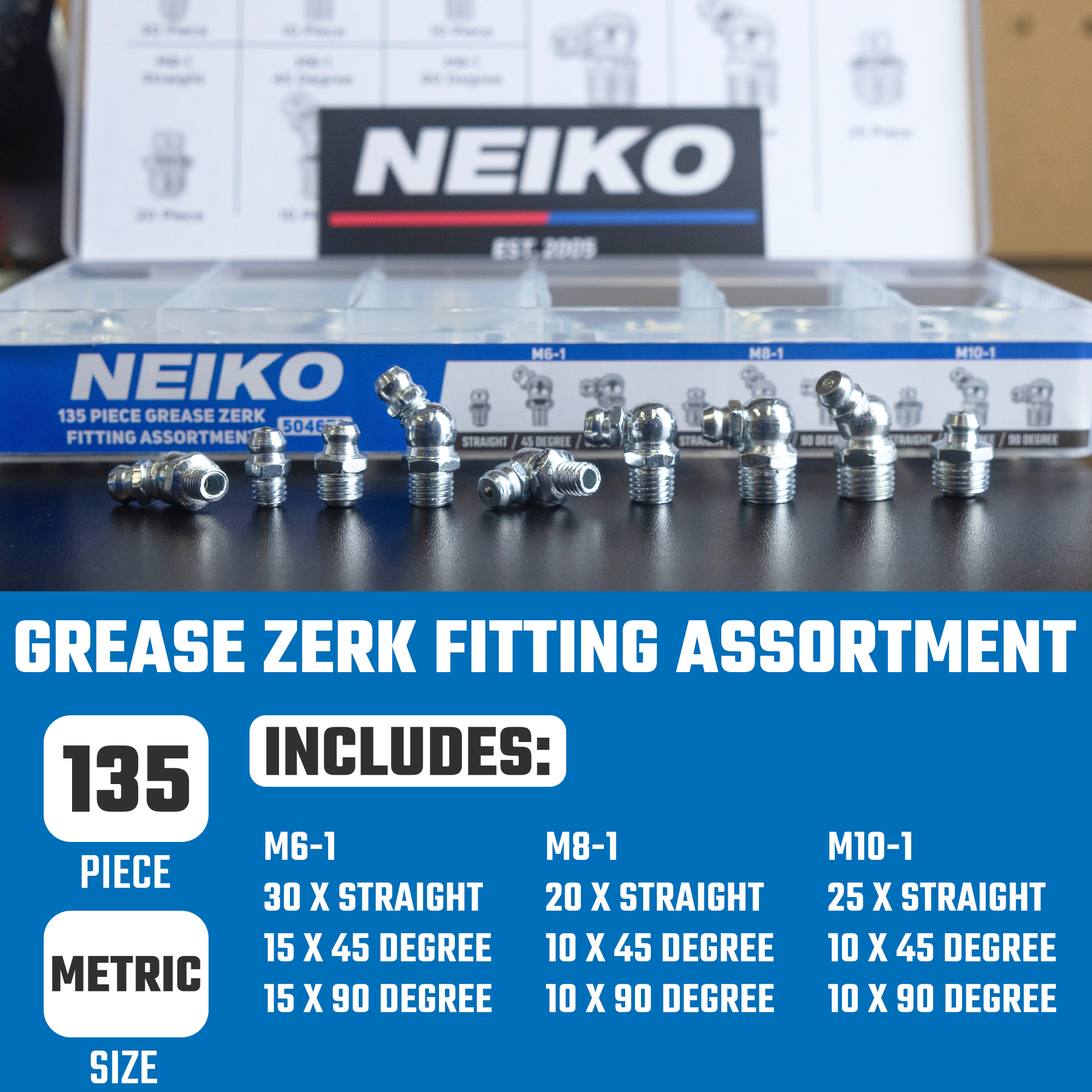 Metric Grease Fitting Assortment – M6, M8 & M10 Zerk Fittings (135-Piece)