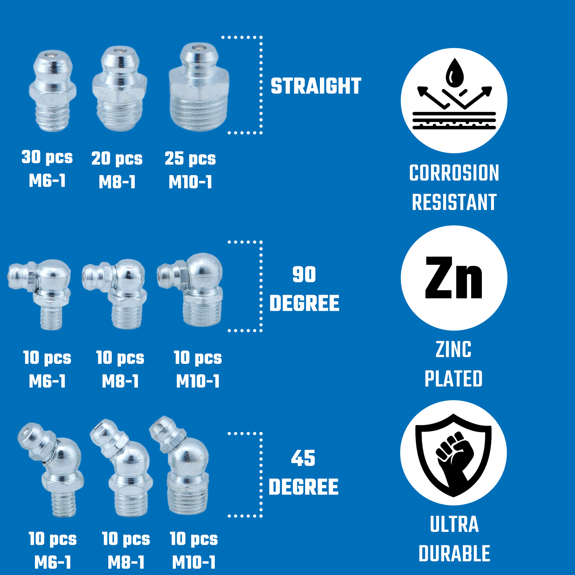 Metric Grease Fitting Assortment – M6, M8 & M10 Zerk Fittings (135-Piece)