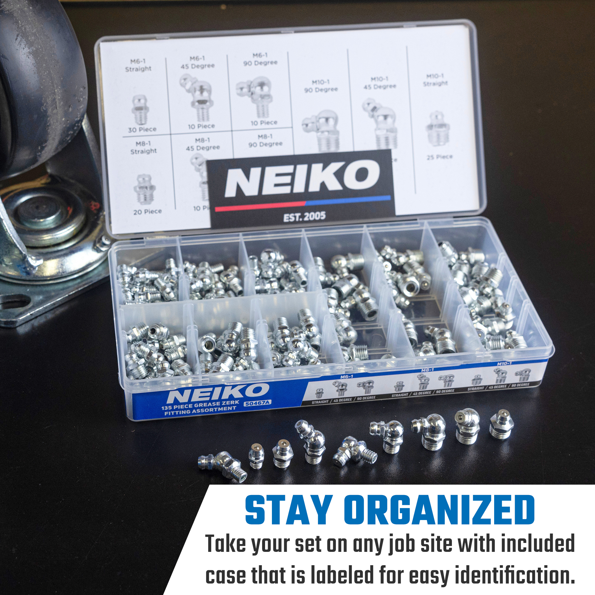 Metric Grease Fitting Assortment – M6, M8 & M10 Zerk Fittings (135-Piece)