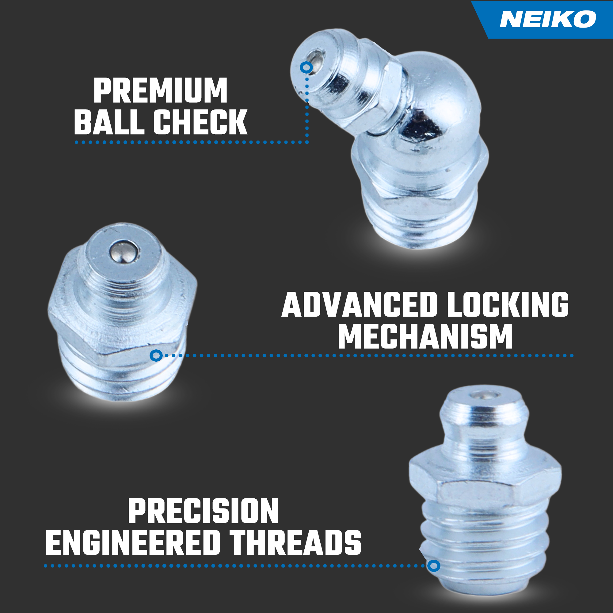 Metric Grease Fitting Assortment – M6, M8 & M10 Zerk Fittings (135-Piece)