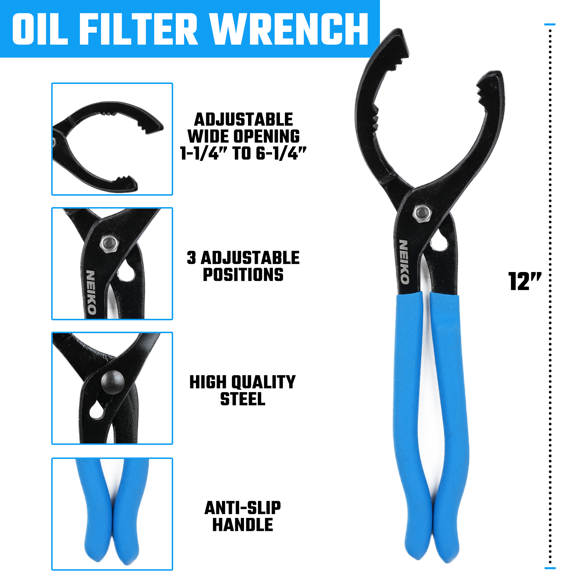12” Adjustable Oil Filter Pliers – 3-Position Jaw, 2-3/8”–4-1/2” Capacity