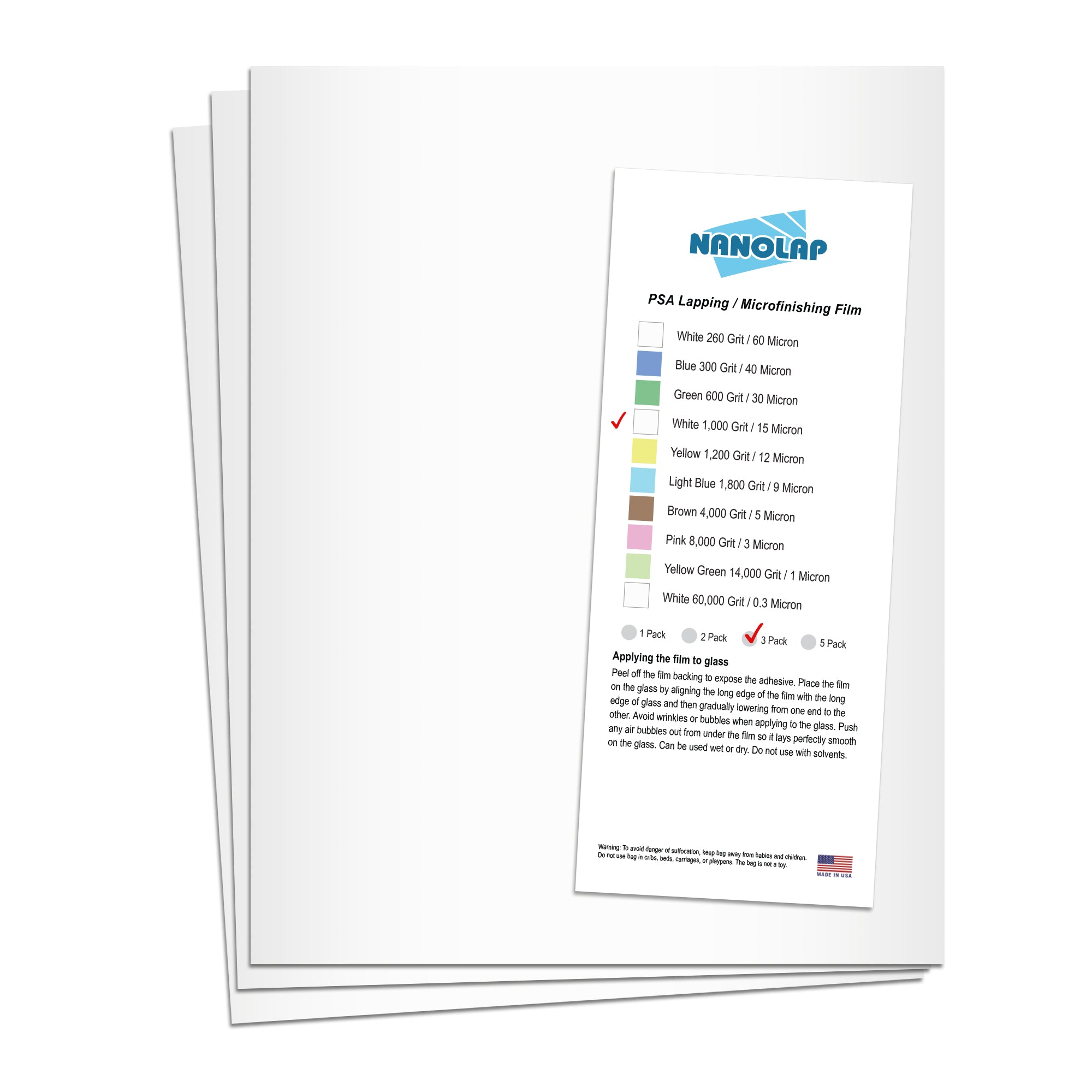 NANOLAP PSA Lapping Film 15 Micron (1,000 Grit) Adhesive Polishing Paper (3-Piece)