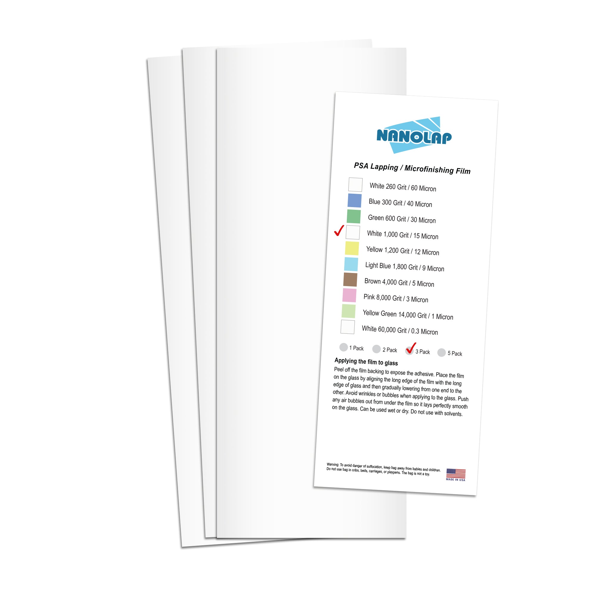 NANOLAP PSA Lapping Film 15 Micron (1,000 Grit) Adhesive Polishing Paper (3-Piece)