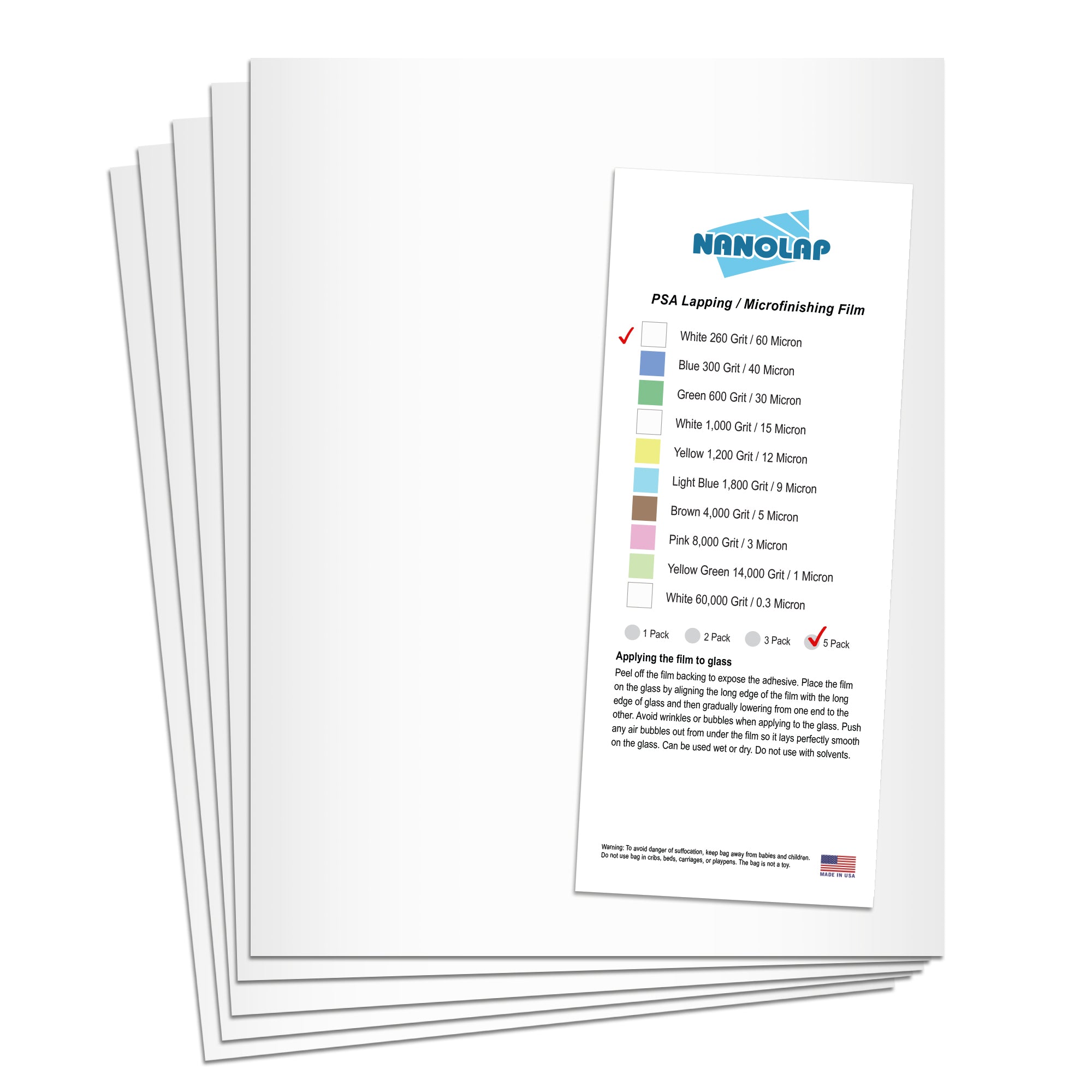 NANOLAP PSA Lapping Film 60 Micron (260Grit) Adhesive Polishing Paper (5-Piece)