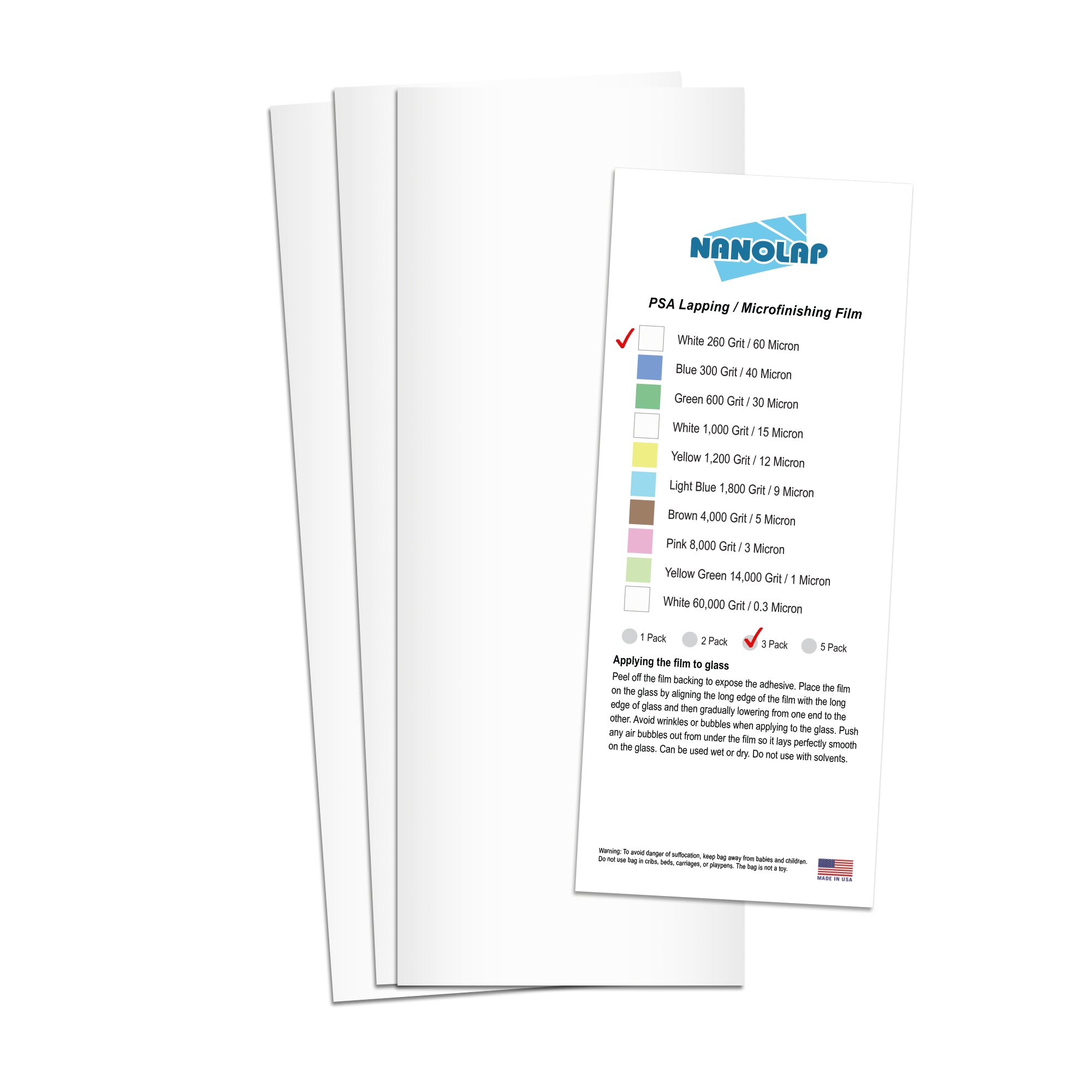 NANOLAP PSA Lapping Film 60 Micron (260 Grit) Adhesive Polishing Paper (3-Piece)