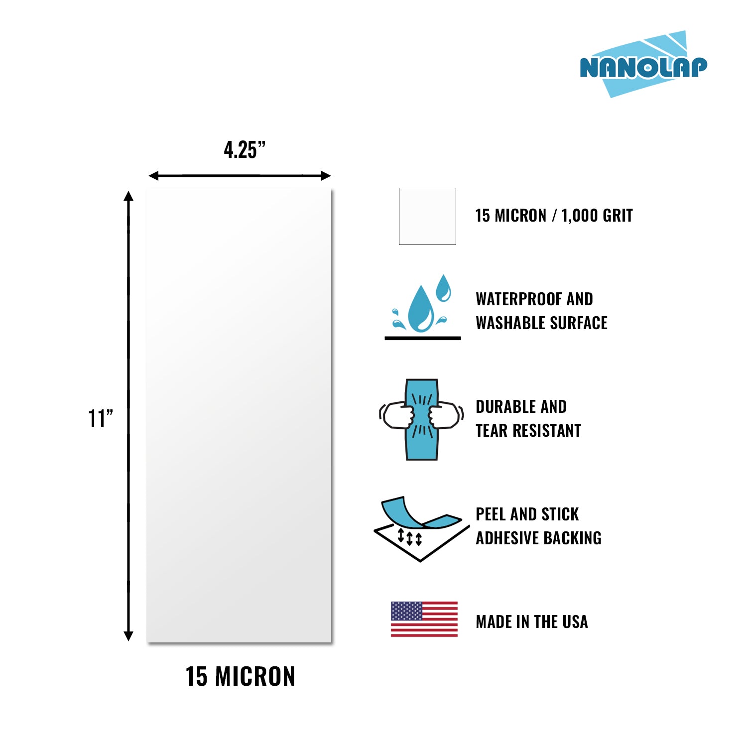 NANOLAP PSA Lapping Film 15 Micron (1,000 Grit) Adhesive Polishing Paper (5-Piece)