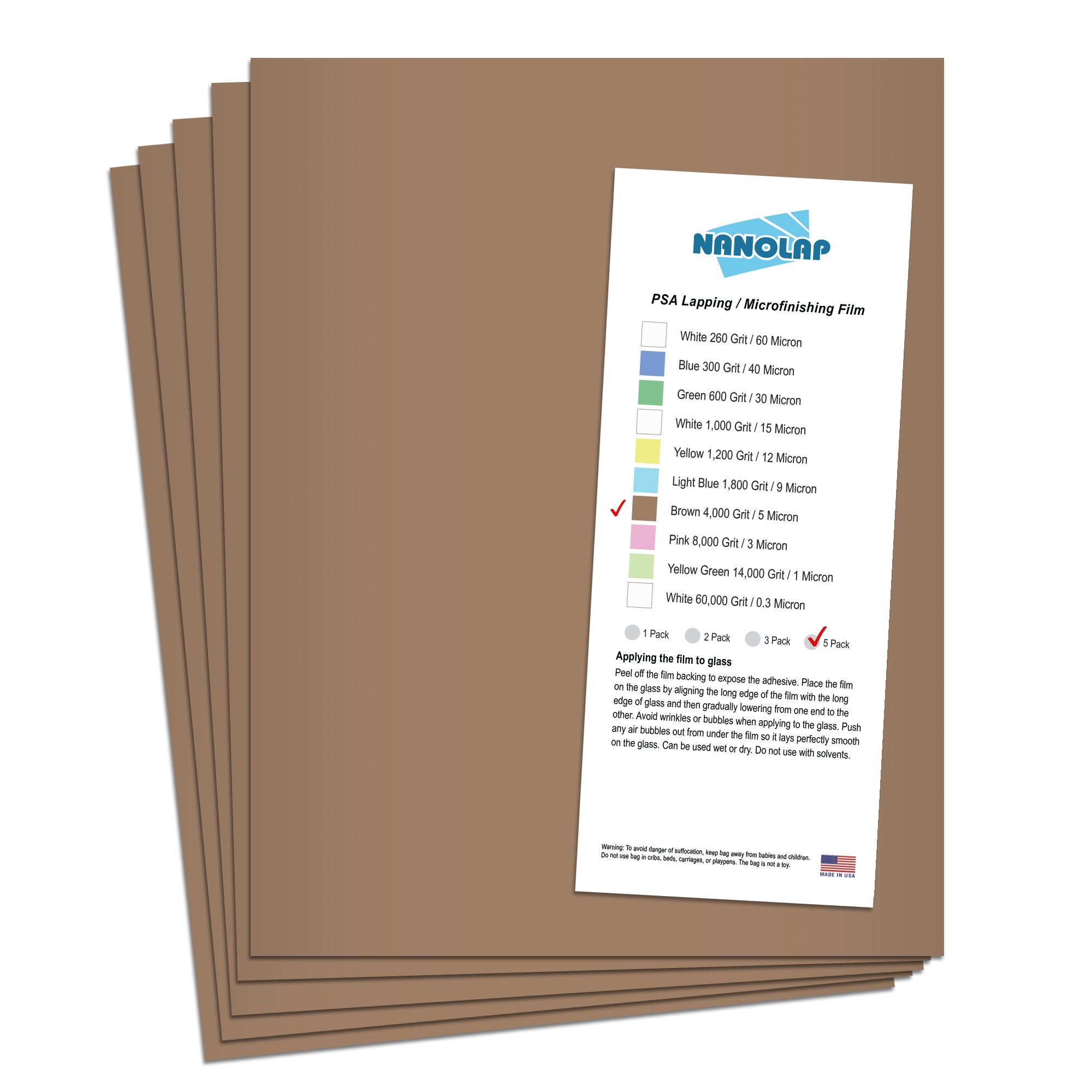 NANOLAP PSA Lapping Film 5 Micron (4,000 Grit) Adhesive Polishing Paper (5-Piece)