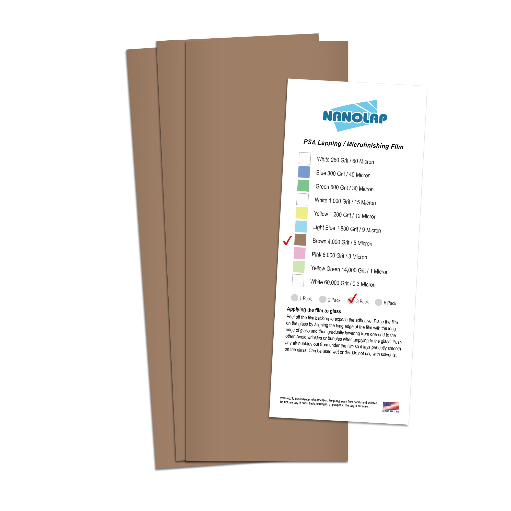 NANOLAP PSA Lapping Film 5 Micron (4,000 Grit) Adhesive Polishing Paper (3-Piece)