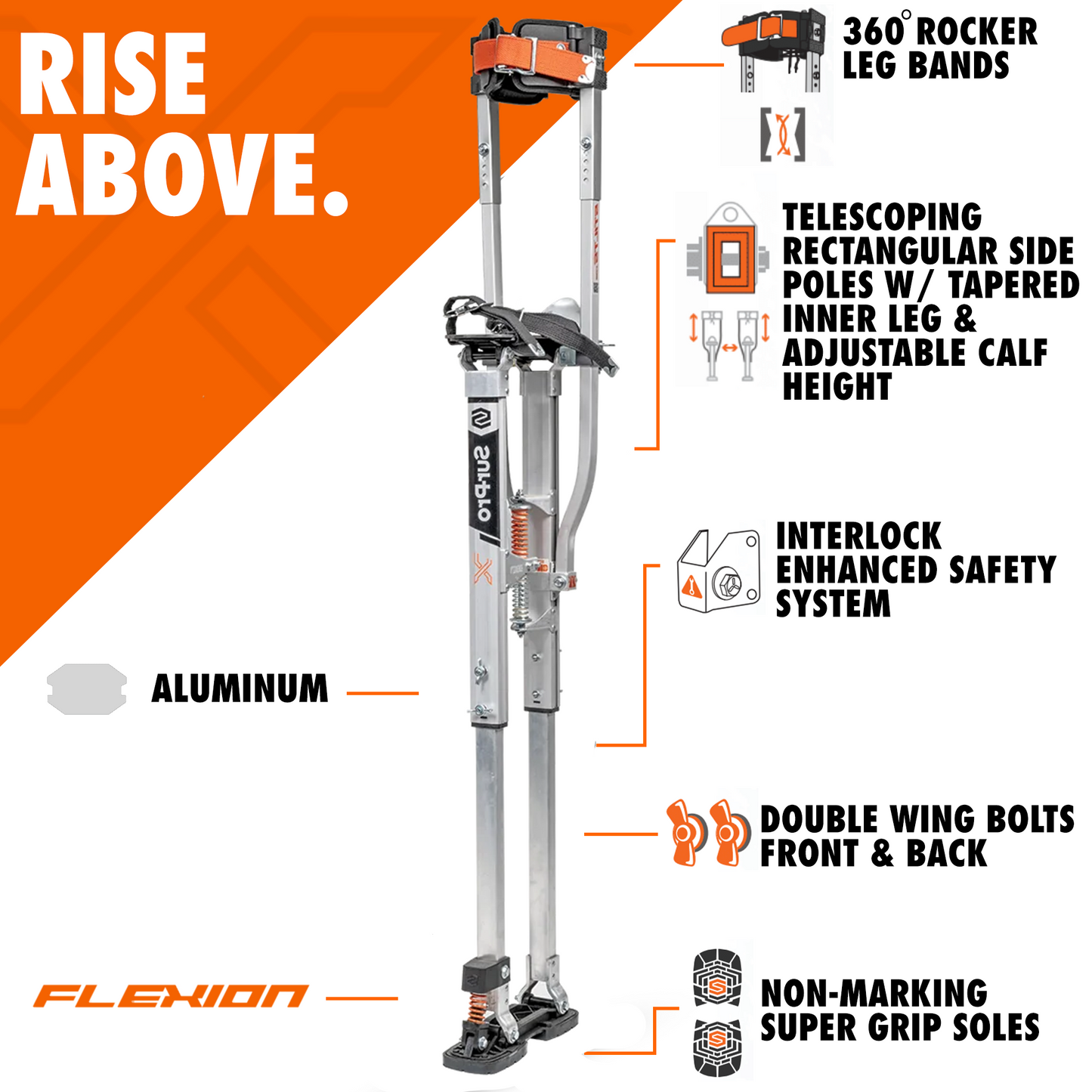 SurPro Double-Sided Drywall Stilts, Aluminum Base, 21” - 31” Height, QuadLock Contractor-Grade Stilts with Patented FLEXION Foot System (S2X-A-2131) for Drywallers, Painters, Stilts Drywall