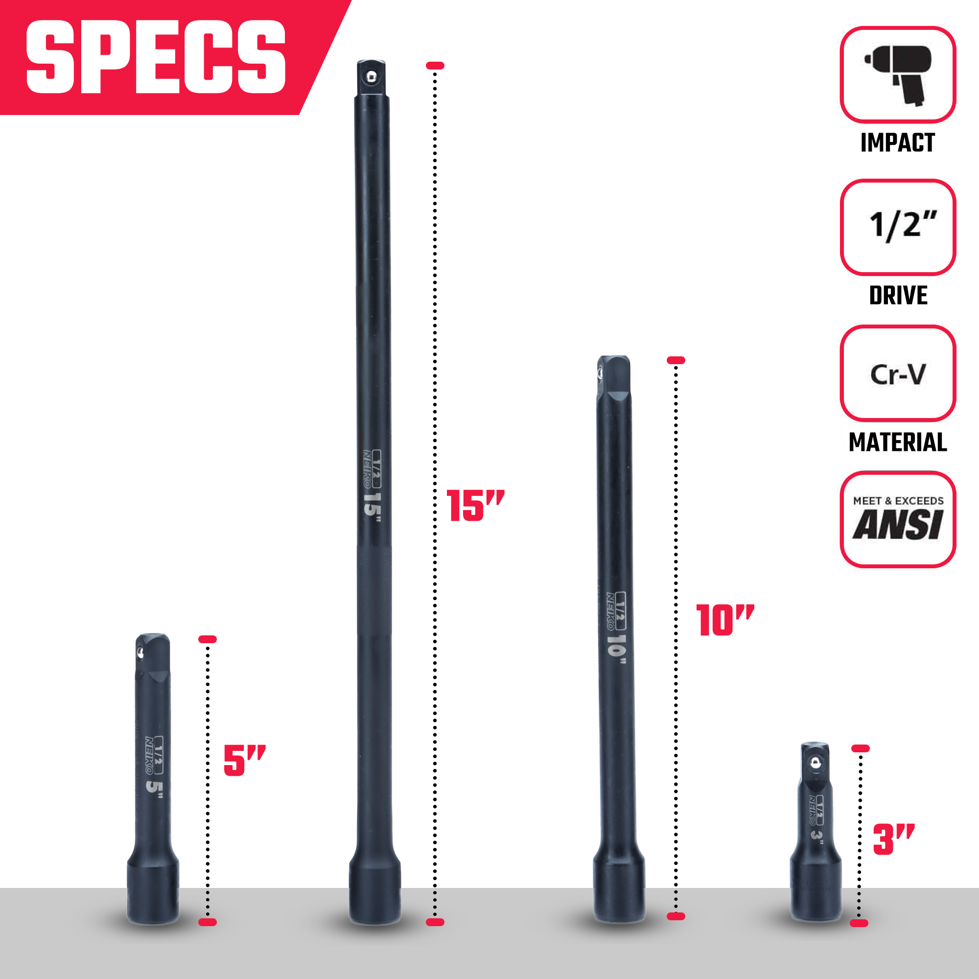 1/2” Drive Impact Extension Bar Set – CrV Steel (4-Piece)