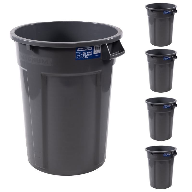 MAGNUM 55 Gallon Trash Can, Construction Grade, Heavy Duty Plastic, Jobsite Ready for Handling and Holding Garbage CMTC-C000-55G05 (5 Pack)