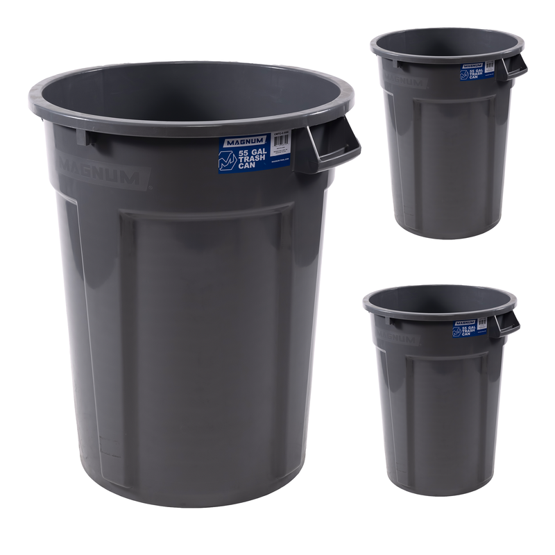 MAGNUM 55 Gallon Trash Can, Construction Grade, Heavy Duty Plastic, Jobsite Ready for Handling and Holding Garbage CMTC-C000-55G03 (3 Pack)