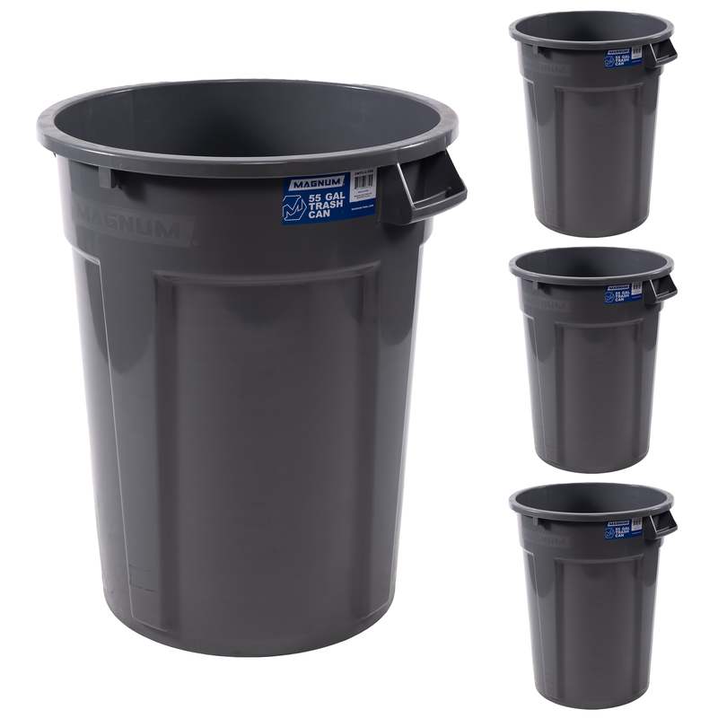 MAGNUM 55 Gallon Trash Can, Construction Grade, Heavy Duty Plastic, Jobsite Ready for Handling and Holding Garbage CMTC-C000-55G04 (4 Pack)
