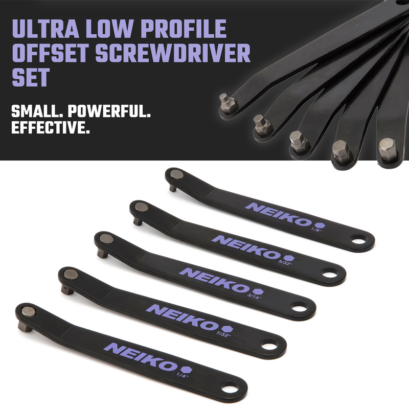 NEIKO 01320A Ultra Low Profile Offset Screwdriver Hex Set, 5 Pc, Heavy Duty S2 Steel Construction, SAE, 10mm Bit Depth, Angled Hex Bit, Bent Screwdriver for Tight Spaces, Allen Wrench Keychain