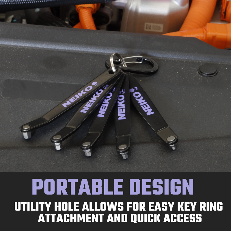 NEIKO 01320A Ultra Low Profile Offset Screwdriver Hex Set, 5 Pc, Heavy Duty S2 Steel Construction, SAE, 10mm Bit Depth, Angled Hex Bit, Bent Screwdriver for Tight Spaces, Allen Wrench Keychain