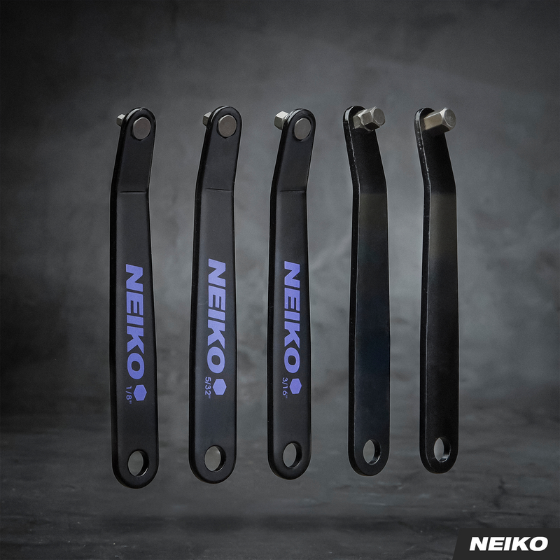 NEIKO 01320A Ultra Low Profile Offset Screwdriver Hex Set, 5 Pc, Heavy Duty S2 Steel Construction, SAE, 10mm Bit Depth, Angled Hex Bit, Bent Screwdriver for Tight Spaces, Allen Wrench Keychain