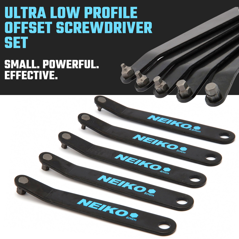 NEIKO 01321A Ultra Low Profile Offset Screwdriver Hex Set, 5 Pc, Heavy Duty S2 Steel Construction, MM, 10mm Bit Depth, Angled Hex Bit, Bent Screwdriver for Tight Spaces, Allen Wrench Keychain