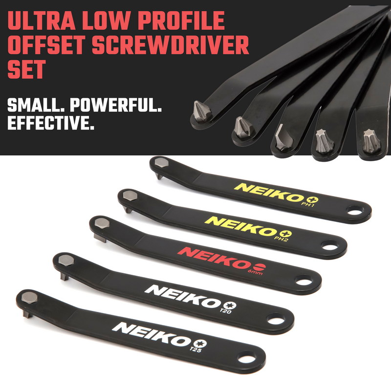 NEIKO 01322A Ultra Low Profile Offset Screwdriver & Torx Set, 5 Pc, Heavy Duty S2 Steel Construction, SAE, 10mm Bit Depth, Angled Hex Bit, Bent Screwdriver for Tight Spaces, Allen Wrench Keychain