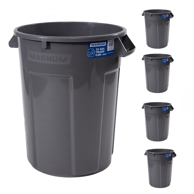 MAGNUM 32 Gallon Trash Can, Construction Grade, Heavy Duty Plastic, Jobsite Ready for Handling and Holding Garbage CMTC-C000-32G05 (5 Pack)