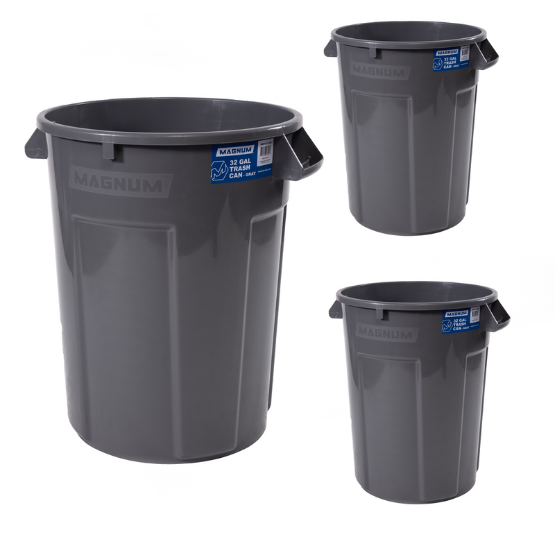 MAGNUM 32 Gallon Trash Can, Construction Grade, Heavy Duty Plastic, Jobsite Ready for Handling and Holding Garbage CMTC-C000-32G03 (3 Pack)