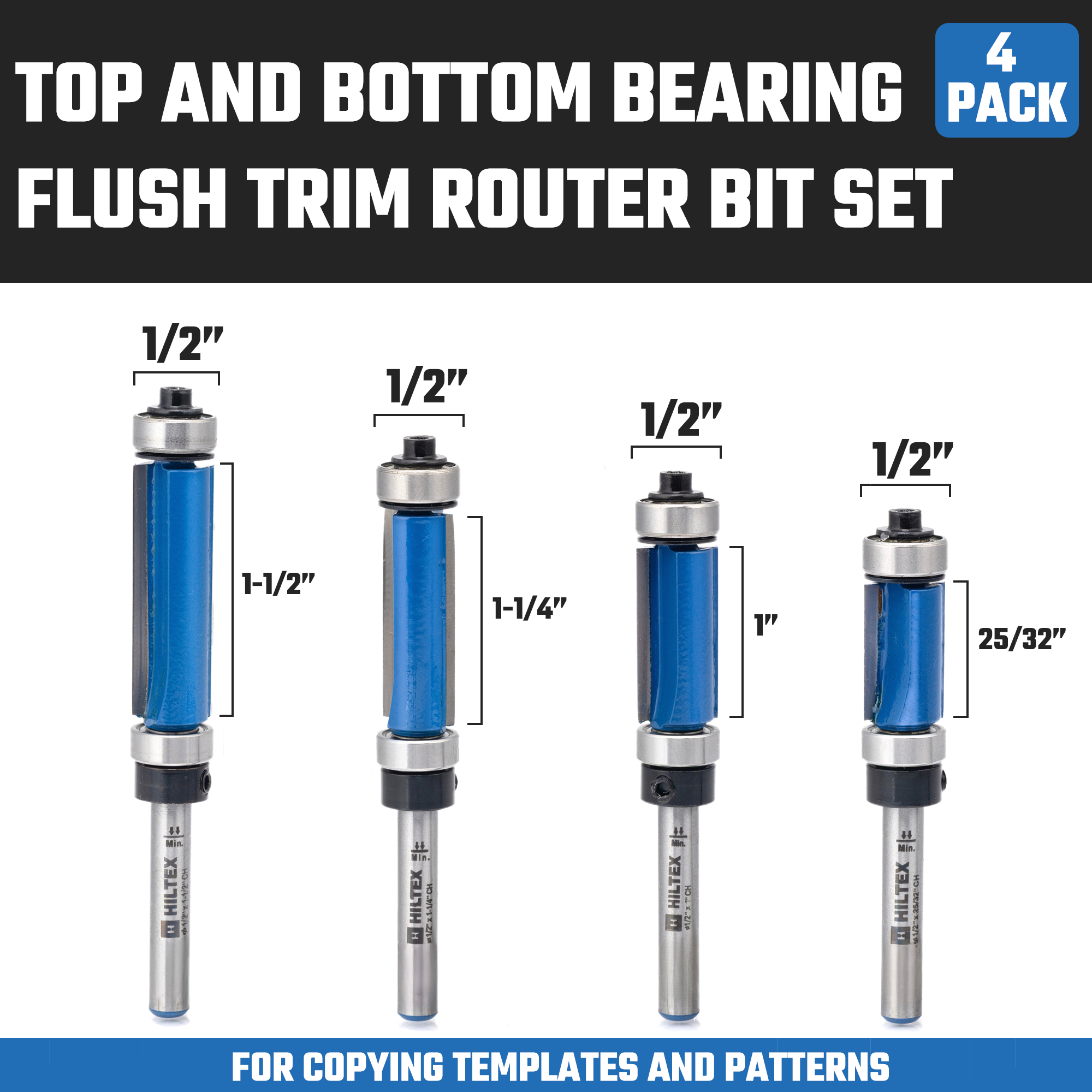 Flush Trim Router Bit Set – Top & Bottom Bearing, 1/4” Shank (4-Piece)