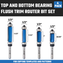 HILTEX 10104H Top and Bottom Bearing Pattern Flush Trim Router Bit Set, 4 Pieces, 1/4 Inch Shank, CNC Woodworking Tool, 1/2" Cutting Diameter, Cutting Length: 25/32”, 1”, 1-1/4”, and 1-1/2”