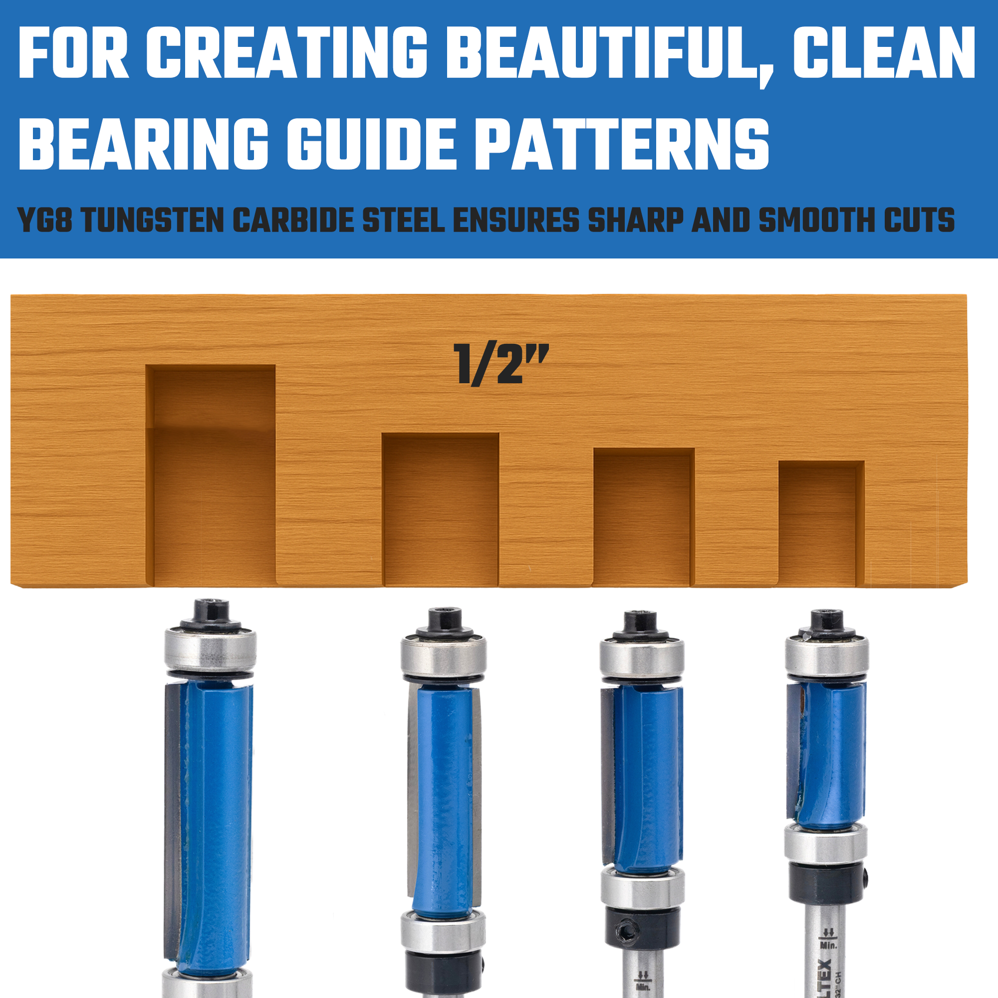 Flush Trim Router Bit Set – Top & Bottom Bearing, 1/4” Shank (4-Piece)