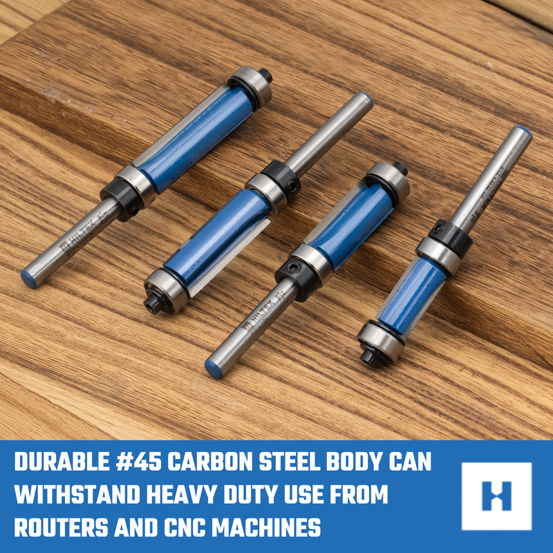 HILTEX 10104H Top and Bottom Bearing Pattern Flush Trim Router Bit Set, 4 Pieces, 1/4 Inch Shank, CNC Woodworking Tool, 1/2" Cutting Diameter, Cutting Length: 25/32”, 1”, 1-1/4”, and 1-1/2”