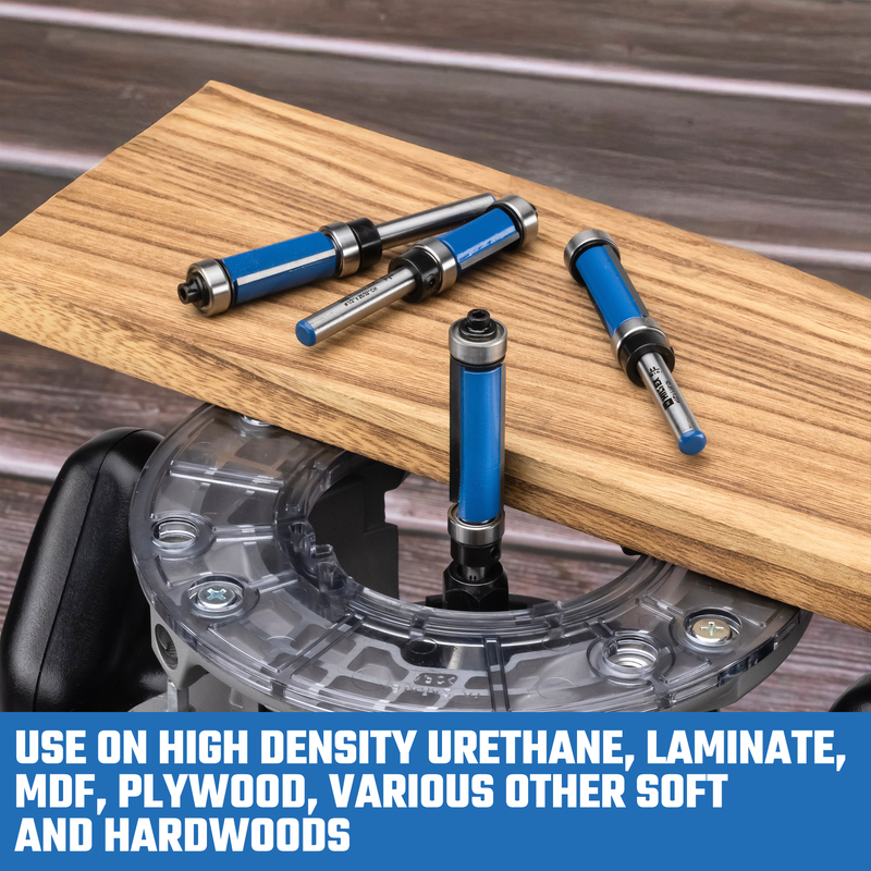 HILTEX 10104H Top and Bottom Bearing Pattern Flush Trim Router Bit Set, 4 Pieces, 1/4 Inch Shank, CNC Woodworking Tool, 1/2" Cutting Diameter, Cutting Length: 25/32”, 1”, 1-1/4”, and 1-1/2”