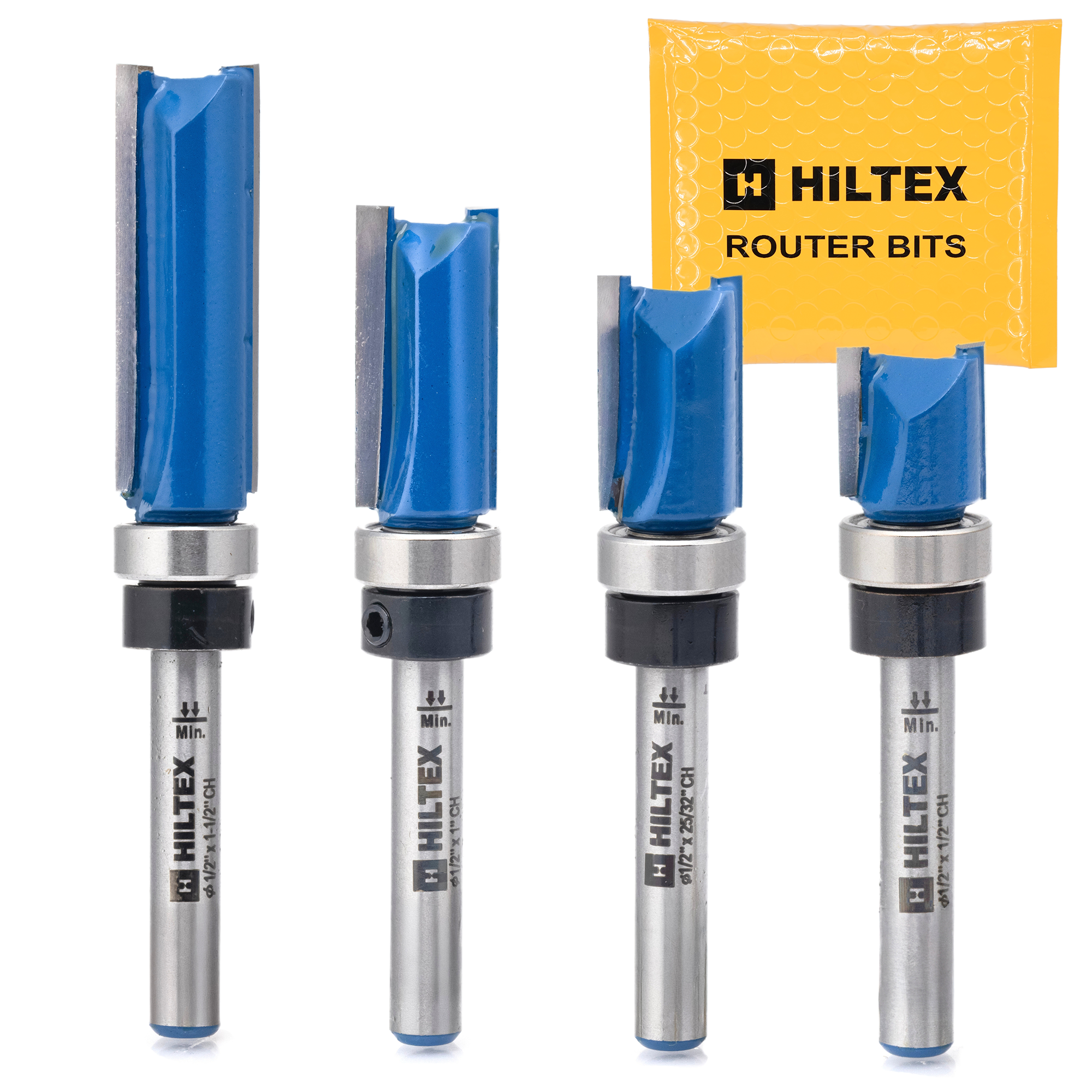 Bottom-Bearing Flush Trim Router Bit Set – 1/4” Shank (4-Piece)