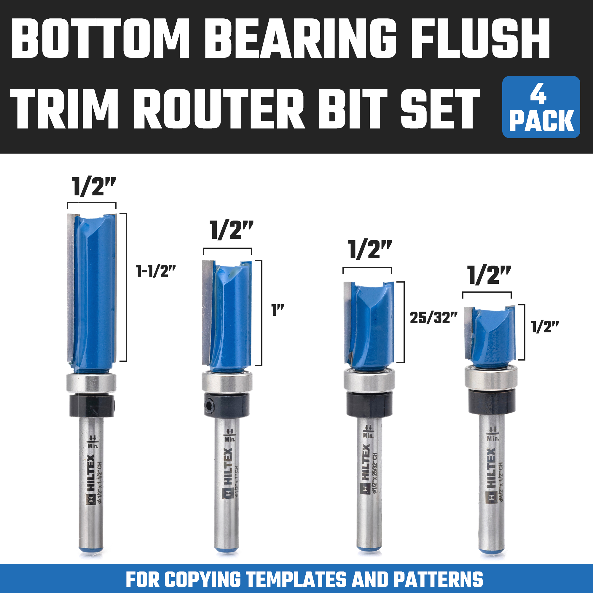 Bottom-Bearing Flush Trim Router Bit Set – 1/4” Shank (4-Piece)
